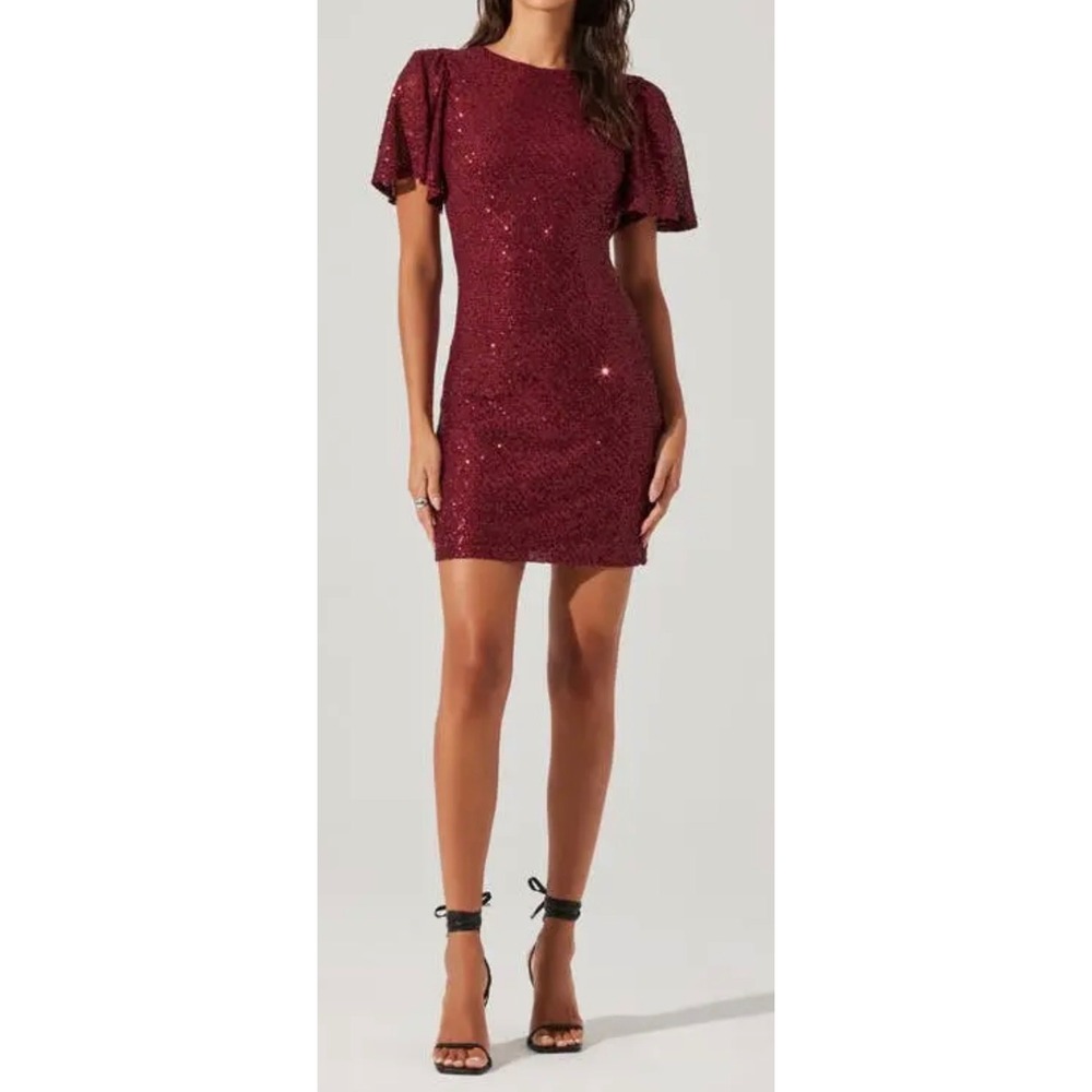 ASTR the Label Wine Sequin Cowl Back Flutter Sleeve Mini Dress ADR102525 XS NWOT
